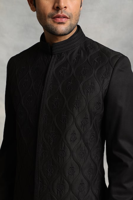 Shop_Gargee Designers_Black Sherwani Poly Viscose Floral Embroidered Set _Online_at_Aza_Fashions