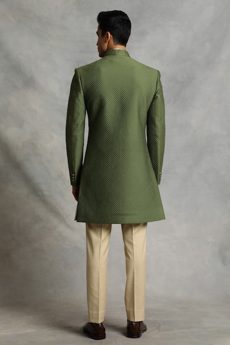 Shop_Gargee Designers_Green Sherwani Cotton Silk Quilted Set _at_Aza_Fashions