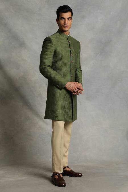 Gargee Designers_Green Sherwani Cotton Silk Quilted Set _Online_at_Aza_Fashions