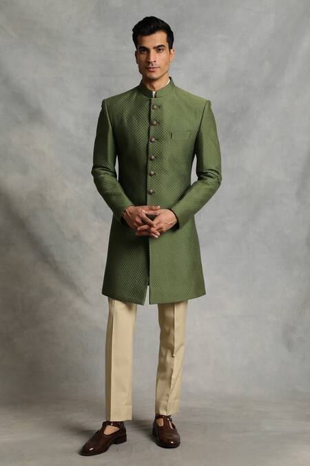 Buy_Gargee Designers_Green Sherwani Cotton Silk Quilted Set _Online_at_Aza_Fashions