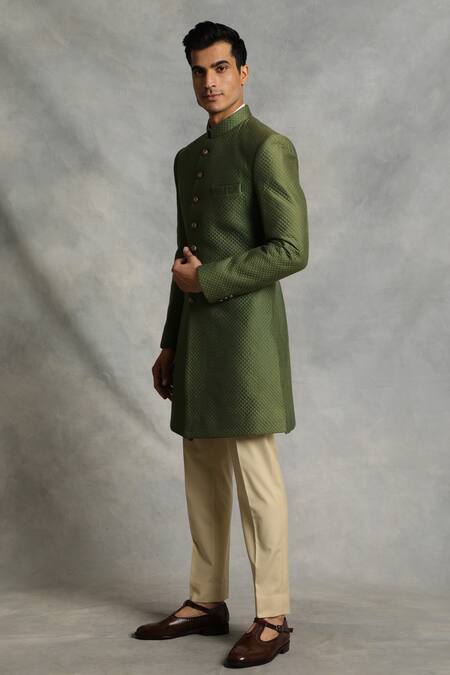 Shop_Gargee Designers_Green Sherwani Cotton Silk Quilted Set _Online_at_Aza_Fashions