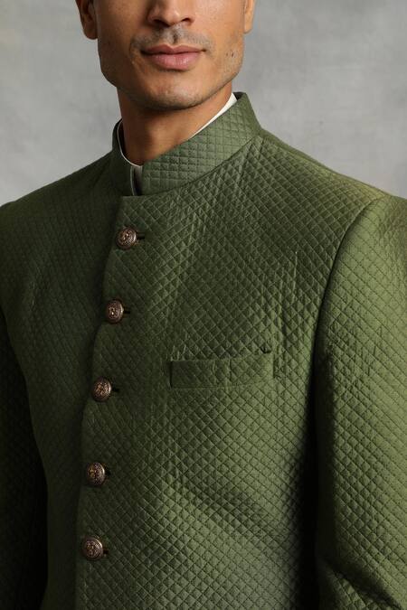 Gargee Designers_Green Sherwani Cotton Silk Quilted Set _at_Aza_Fashions