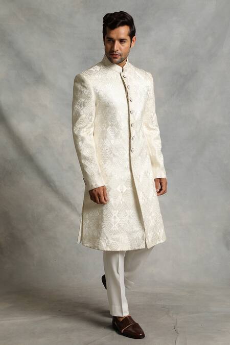 Gargee Designers_White Sherwani Poly Silk Geometric Embroidered Set _Online_at_Aza_Fashions