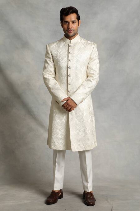 Buy_Gargee Designers_White Sherwani Poly Silk Geometric Embroidered Set _Online_at_Aza_Fashions