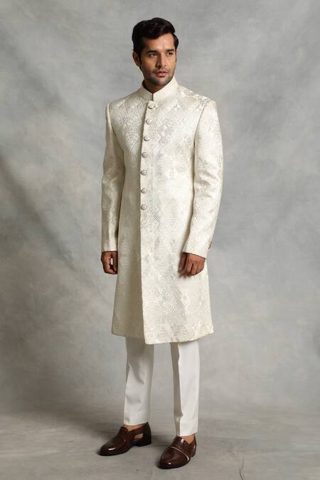 Shop_Gargee Designers_White Sherwani Poly Silk Geometric Embroidered Set _Online_at_Aza_Fashions