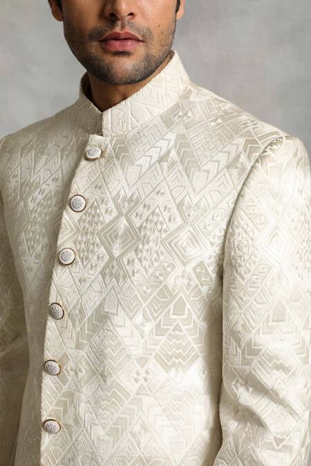 Gargee Designers_White Sherwani Poly Silk Geometric Embroidered Set _at_Aza_Fashions