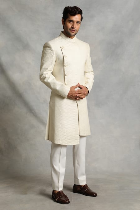 Gargee Designers_White Sherwani Poly Silk Geometric Floral Embroidered Set _Online_at_Aza_Fashions