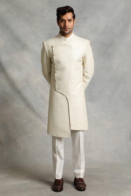 Buy_Gargee Designers_White Sherwani Poly Silk Geometric Floral Embroidered Set _Online_at_Aza_Fashions