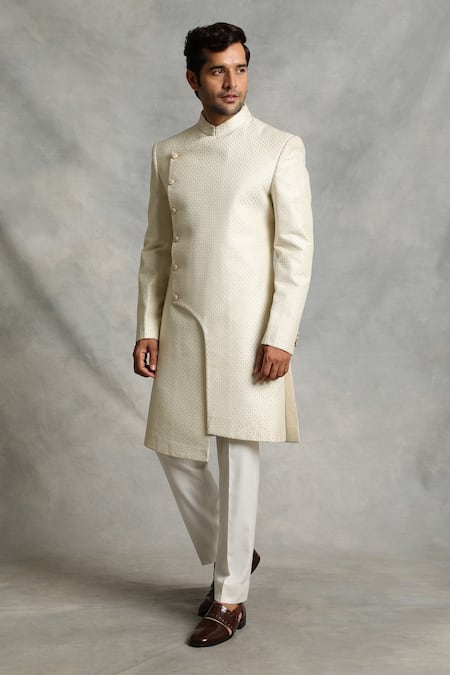 Shop_Gargee Designers_White Sherwani Poly Silk Geometric Floral Embroidered Set _Online_at_Aza_Fashions