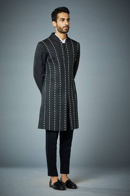 Gargee Designers_Black Polyester Tape Embroidered Sherwani Set _Online_at_Aza_Fashions