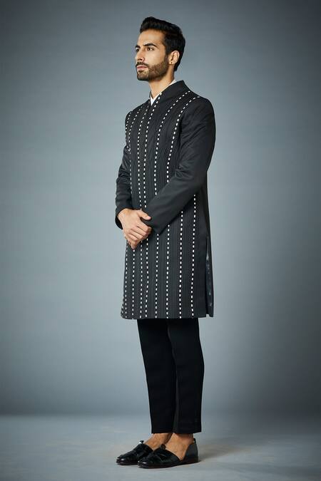 Buy_Gargee Designers_Black Polyester Tape Embroidered Sherwani Set _Online_at_Aza_Fashions
