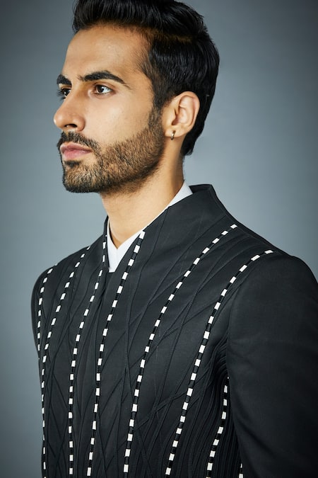 Shop_Gargee Designers_Black Polyester Tape Embroidered Sherwani Set _Online_at_Aza_Fashions