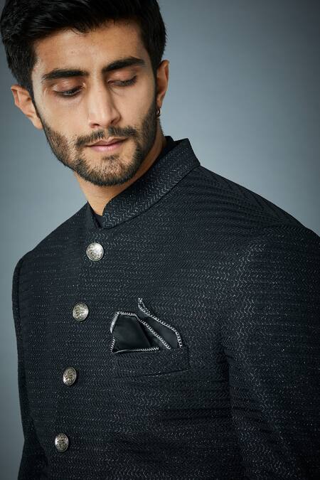 Shop_Gargee Designers_Black Polyester Textured Sherwani Set _Online_at_Aza_Fashions