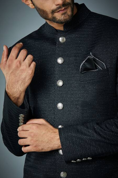 Gargee Designers_Black Polyester Textured Sherwani Set _at_Aza_Fashions