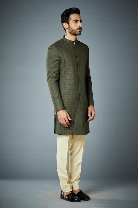 Gargee Designers_Green Polyester Geometric Woven Sherwani Set_Online_at_Aza_Fashions