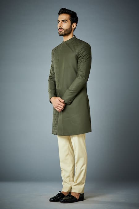 Buy_Gargee Designers_Green Polyester Geometric Woven Sherwani Set_Online_at_Aza_Fashions