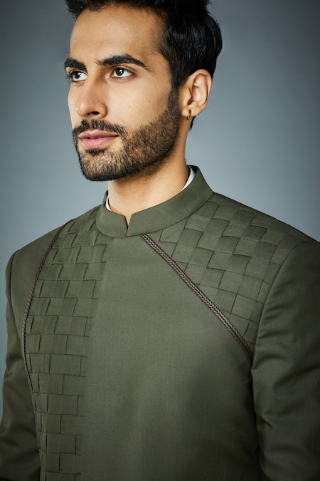 Shop_Gargee Designers_Green Polyester Geometric Woven Sherwani Set_Online_at_Aza_Fashions