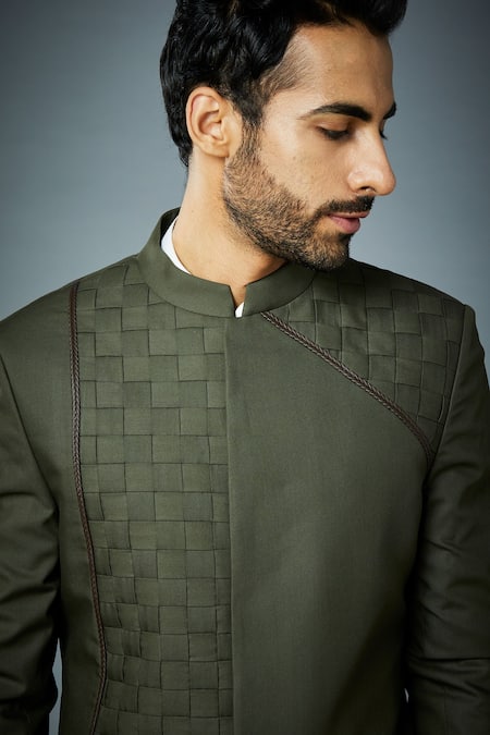 Gargee Designers_Green Polyester Geometric Woven Sherwani Set_at_Aza_Fashions