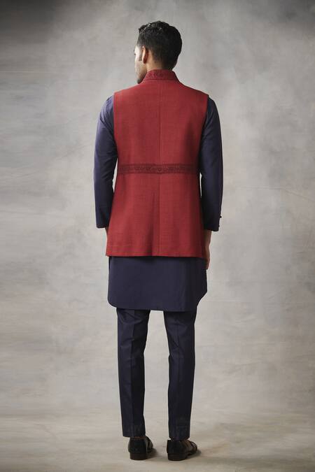 Shop Gargee Designers Red Cotton , Slub Floral Embroidered Bundi And Kurta Set at Aza Fashions Shop_Gargee Designers_Red Cotton , Slub Floral Embroidered Bundi And Kurta Set _at_Aza_Fashions