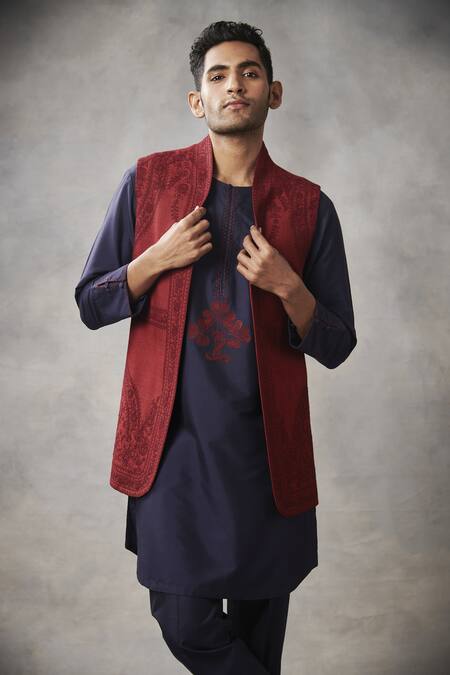 Shop Gargee Designers Red Cotton , Slub Floral Embroidered Bundi And Kurta Set Online at Aza Fashions Shop_Gargee Designers_Red Cotton , Slub Floral Embroidered Bundi And Kurta Set _Online_at_Aza_Fashions