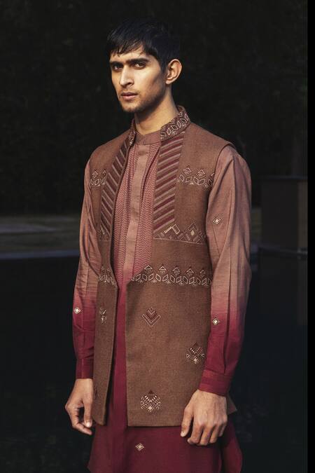 Buy_Gargee Designers_Brown Silk, Matka Geometric Embroidered Bundi And Kurta Set _Online_at_Aza_Fashions