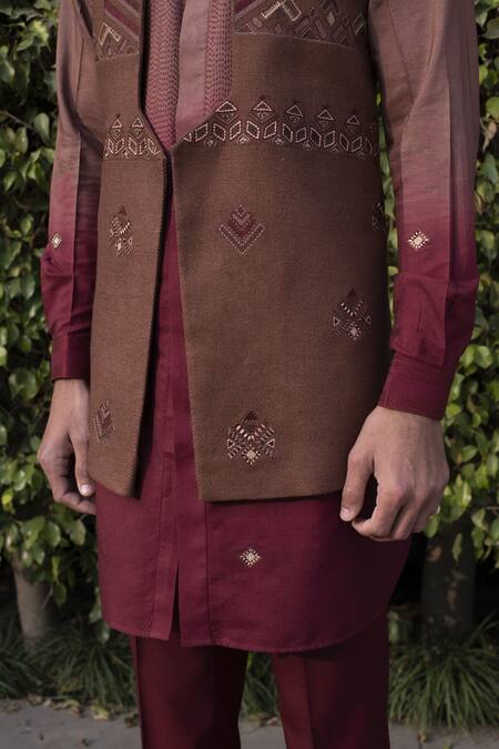Gargee Designers_Brown Silk, Matka Geometric Embroidered Bundi And Kurta Set _at_Aza_Fashions