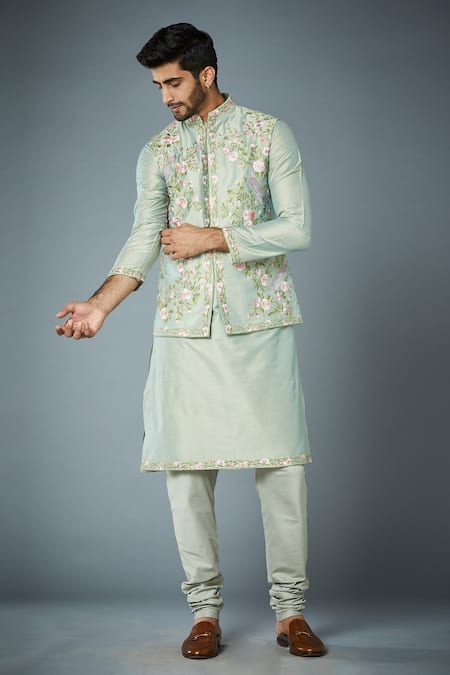 Gargee Designers Green Jacket  Cotton Silk Embroidery Fauna Bundi And Kurta Set 