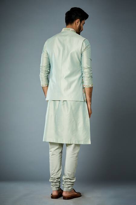 Shop_Gargee Designers_Green Jacket  Cotton Silk, Kurta And Pyjama Fabric  Embroidered Bundi & Set_at_Aza_Fashions