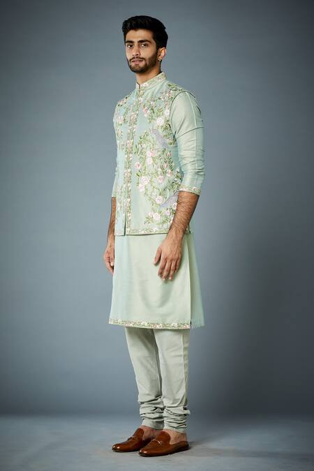 Gargee Designers_Green Jacket  Cotton Silk, Kurta And Pyjama Fabric  Embroidered Bundi & Set_Online_at_Aza_Fashions
