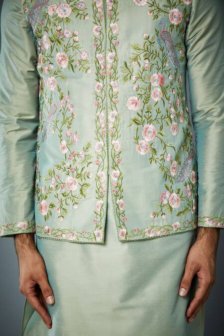 Gargee Designers_Green Jacket  Cotton Silk, Kurta And Pyjama Fabric  Embroidered Bundi & Set_at_Aza_Fashions