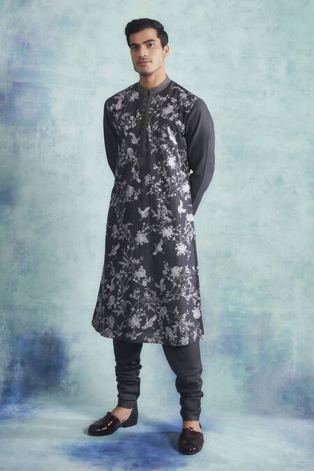 Gargee Designers Black Kurta Silk Floral, Birds Embroidered Set 