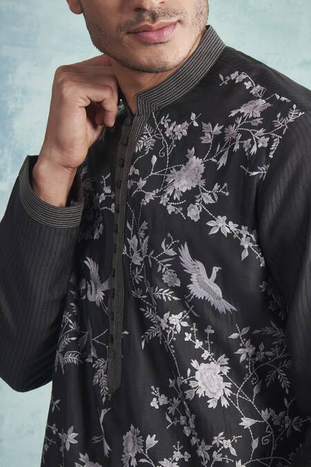 Buy Gargee Designers Black Kurta Silk Floral, Birds Embroidered Set Online at Aza Fashions Buy_Gargee Designers_Black Kurta Silk Floral, Birds Embroidered Set _Online_at_Aza_Fashions