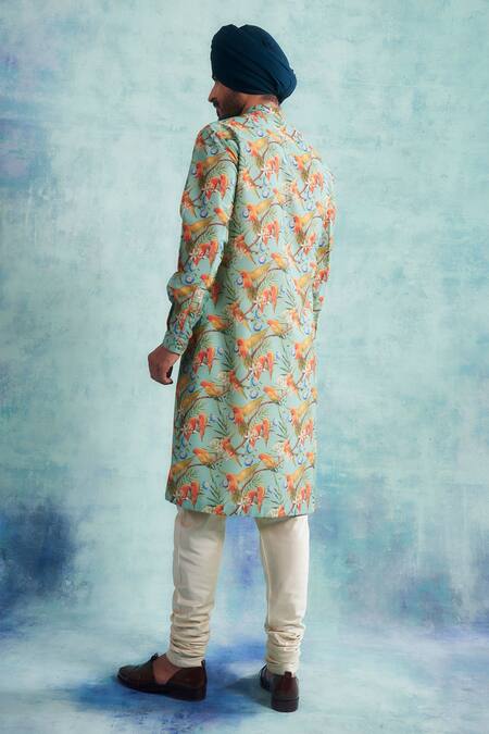 Shop_Gargee Designers_Green Kurta Cotton Silk Floral, Birds Printed Set _at_Aza_Fashions