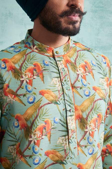Gargee Designers_Green Kurta Cotton Silk Floral, Birds Printed Set _Online_at_Aza_Fashions