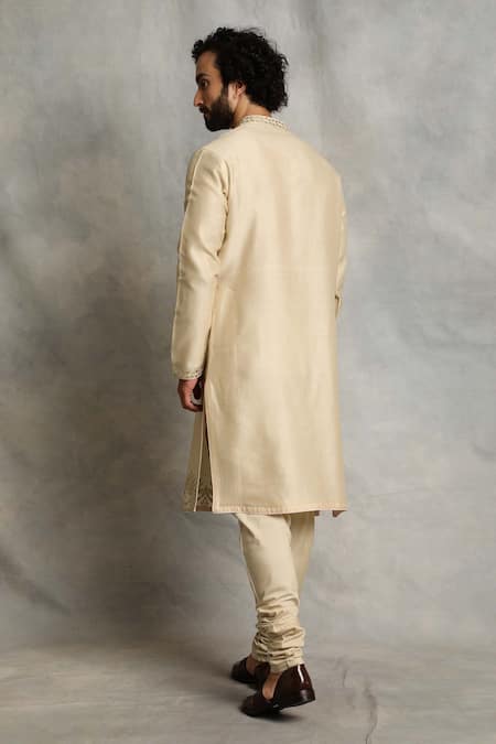 Shop_Gargee Designers_Gold Kurta Chanderi Floral, Geometric Applique Set _at_Aza_Fashions