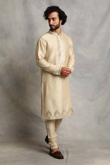 Gargee Designers_Gold Kurta Chanderi Floral, Geometric Applique Set _Online_at_Aza_Fashions
