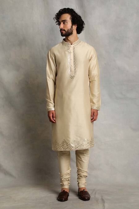 Buy_Gargee Designers_Gold Kurta Chanderi Floral, Geometric Applique Set _Online_at_Aza_Fashions