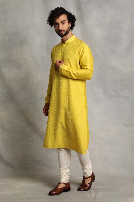 Buy_Gargee Designers_Yellow Kurta Chanderi Floral Embroidered Set _Online_at_Aza_Fashions