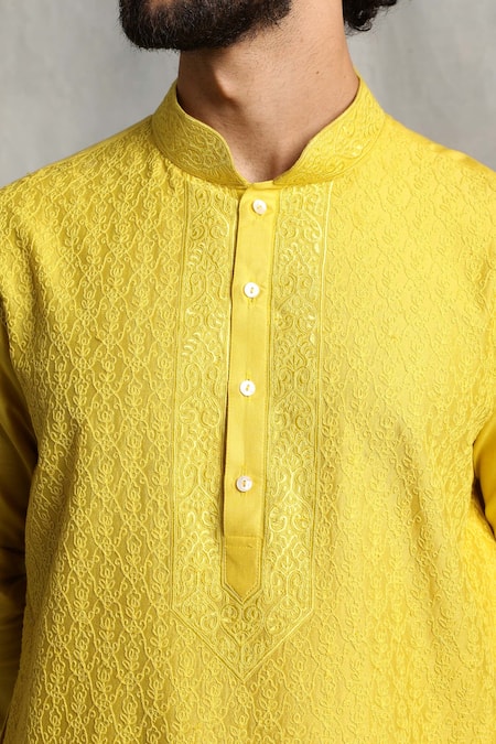 Shop_Gargee Designers_Yellow Kurta Chanderi Floral Embroidered Set _Online_at_Aza_Fashions
