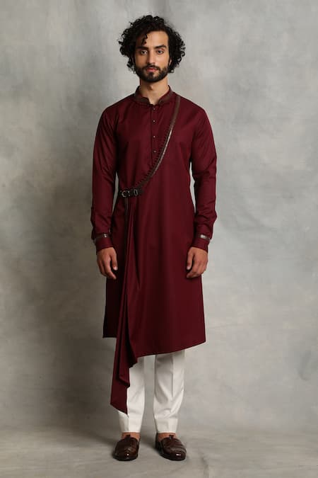 Gargee Designers Maroon Kurta Poly Viscose Plain Draped Angrakha Set 