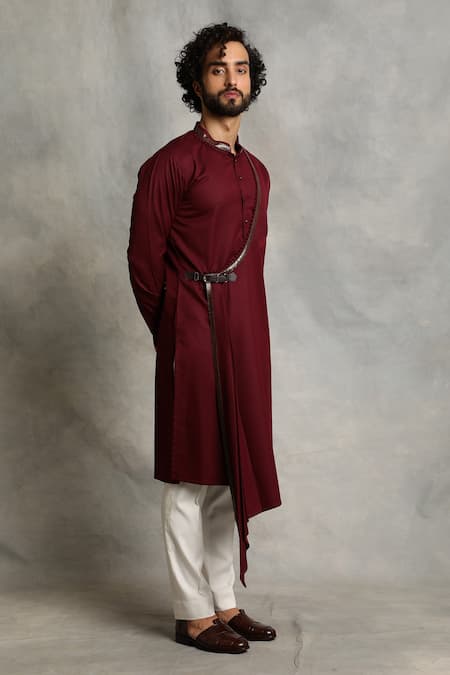 Gargee Designers_Maroon Kurta Poly Viscose Draped Angrakha Set _Online_at_Aza_Fashions