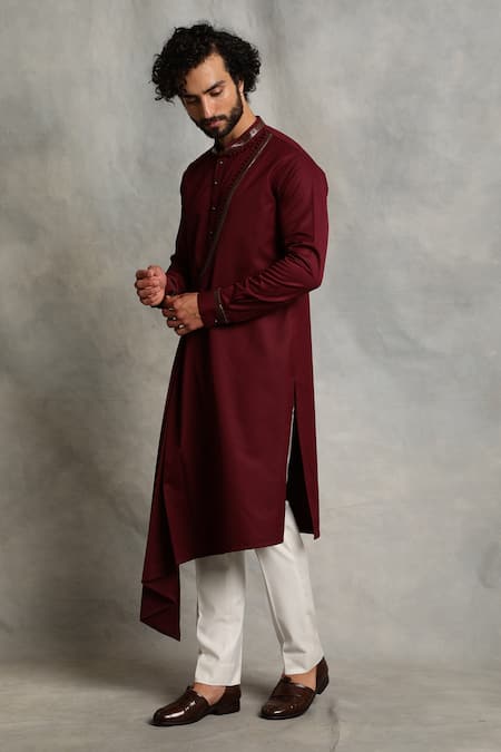 Buy_Gargee Designers_Maroon Kurta Poly Viscose Draped Angrakha Set _Online_at_Aza_Fashions