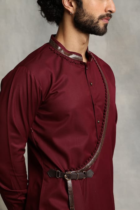 Shop_Gargee Designers_Maroon Kurta Poly Viscose Draped Angrakha Set _Online_at_Aza_Fashions