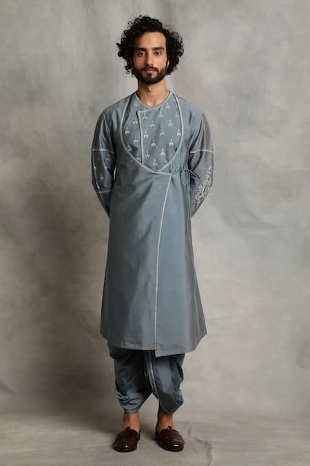 Gargee Designers Grey Kurta Cotton Silk Embroidered Floral Angrakha And Set 