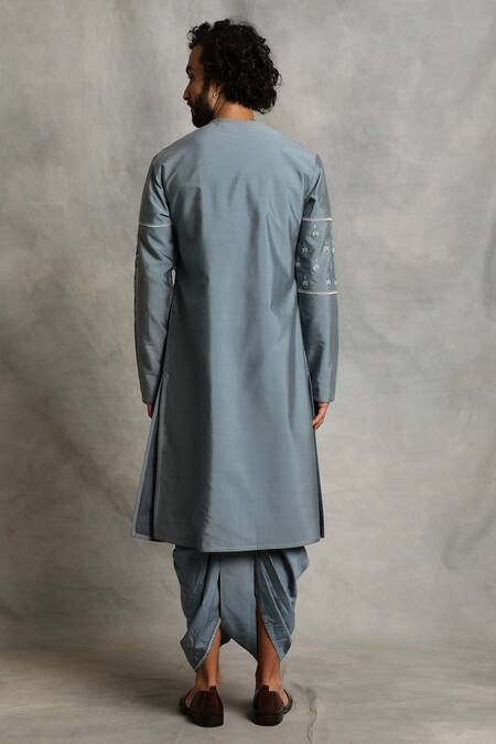 Shop_Gargee Designers_Grey Kurta Cotton Silk Floral Angrakha And Embroidered Set _at_Aza_Fashions