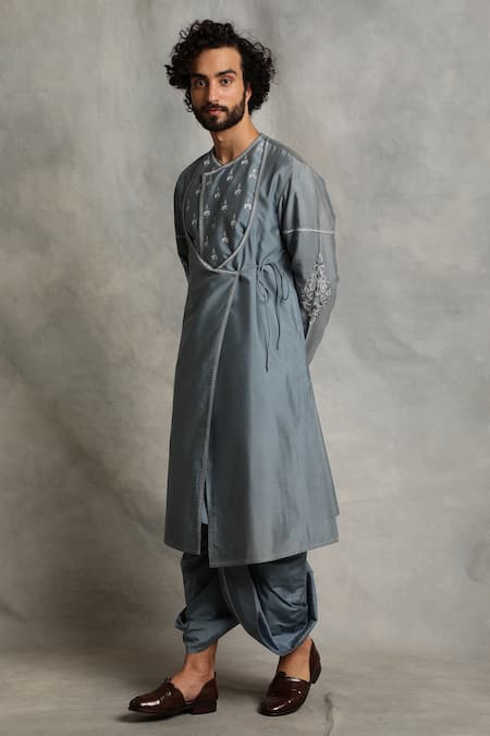 Gargee Designers_Grey Kurta Cotton Silk Floral Angrakha And Embroidered Set _Online_at_Aza_Fashions