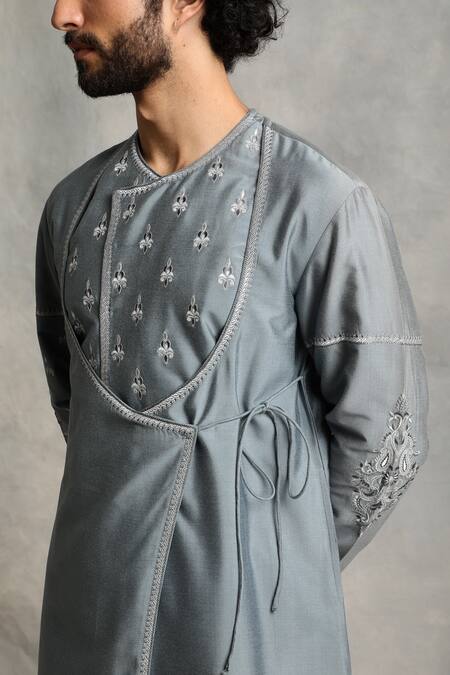 Buy_Gargee Designers_Grey Kurta Cotton Silk Floral Angrakha And Embroidered Set _Online_at_Aza_Fashions