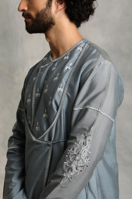 Shop_Gargee Designers_Grey Kurta Cotton Silk Floral Angrakha And Embroidered Set _Online_at_Aza_Fashions