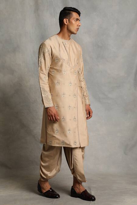 Gargee Designers_Gold Kurta Cotton Silk Floral Embroidered Angrakha And Dhoti Pant Set _Online_at_Aza_Fashions