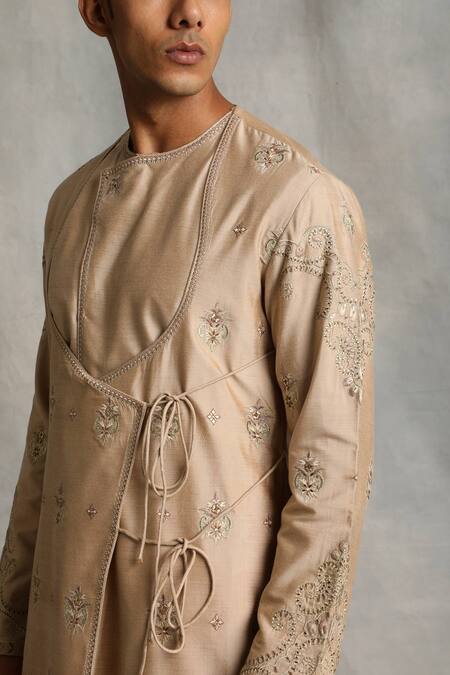 Buy_Gargee Designers_Gold Kurta Cotton Silk Floral Embroidered Angrakha And Dhoti Pant Set _Online_at_Aza_Fashions